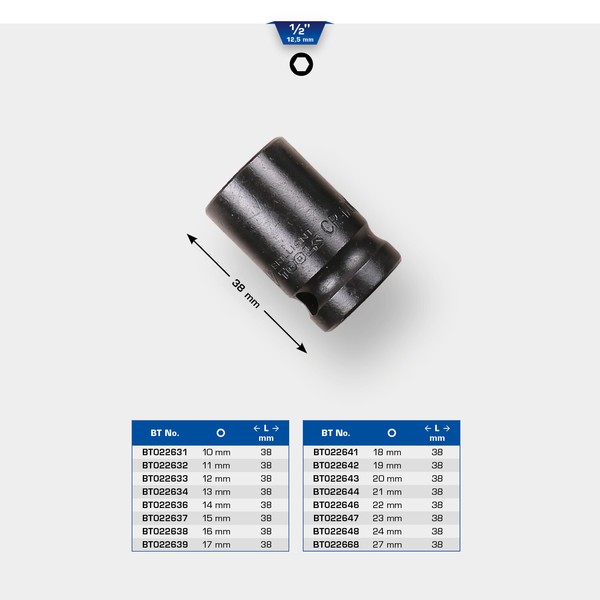 "1/2\" Kraft-Stecknuss Sechskant 22 Mm, Kurz - Brilliant Tools BT022646"-image