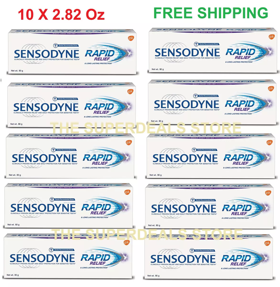 10 X Sensodyne Toothpaste Rapid Relief for Sensitive Teeth 80GM
