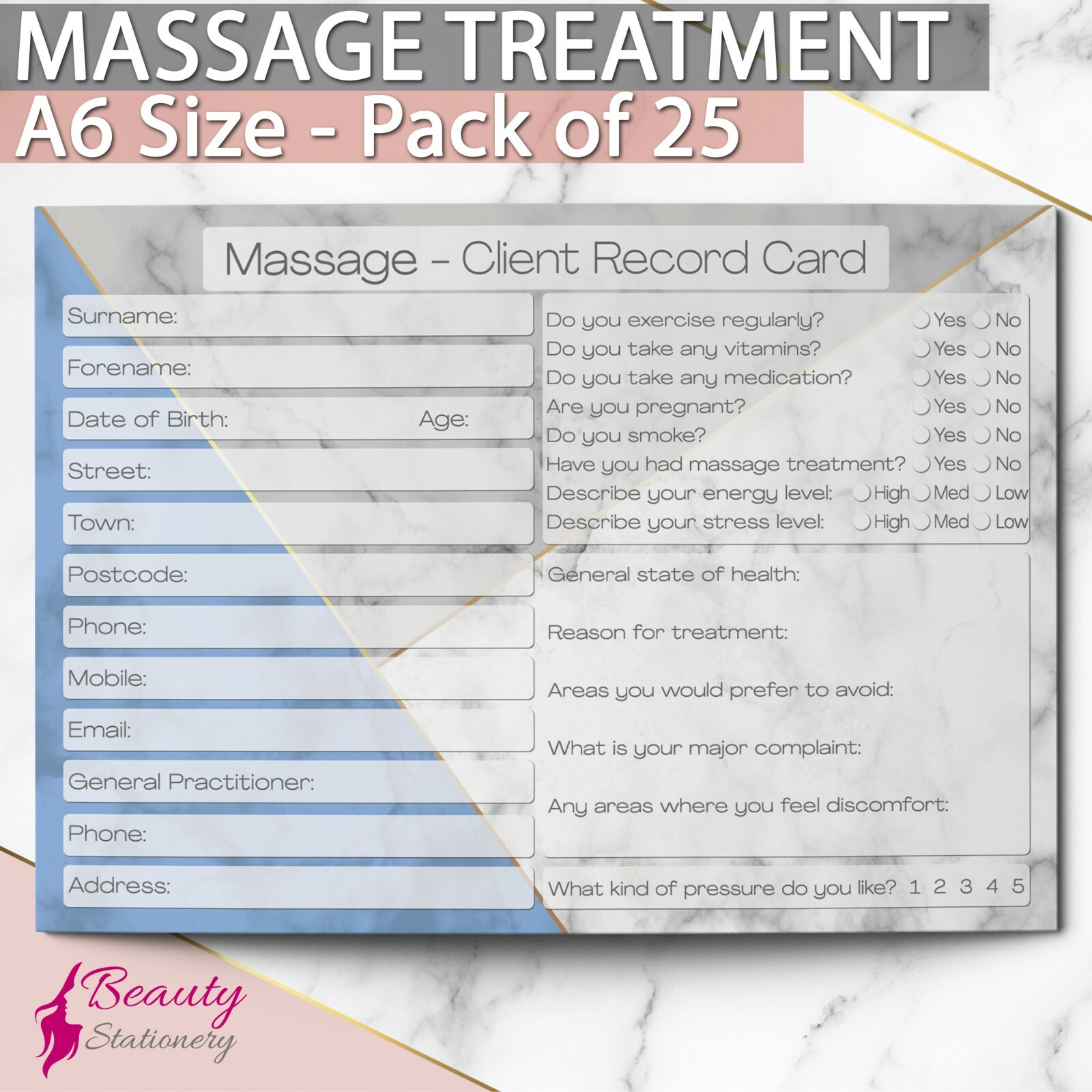Massage Client Record Card Consultation Form Beauty Salon Therapists A6 x25