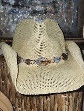 straw cowboy hat with beige and grey beads one of a kind