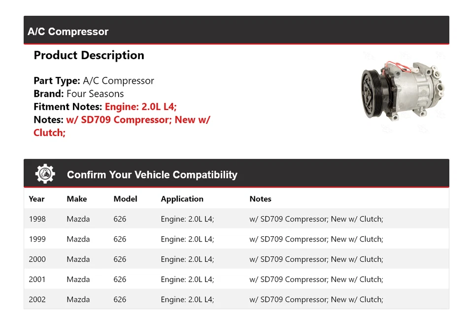Compresor de aire acondicionado para Mazda 626 1998-2002 2,0 L L4 4 estaciones 1999 2000 2001 Foto 2 de 4