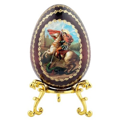 St Saint George Russian Wooden Icon Egg With Egg Holder Gold Metal Stand