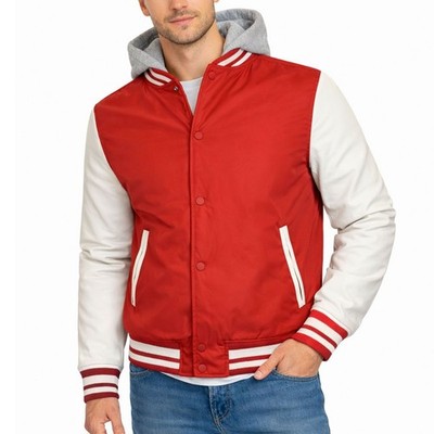 GALAXY BY HARVIC FORMAKER HOODED VARSITY JACKET DETACHABLE HOOD XL - RED/WHITE