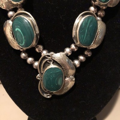 Native Jeweler Genuine polished MALACHITE Squash Blossom Necklace, STAMPED