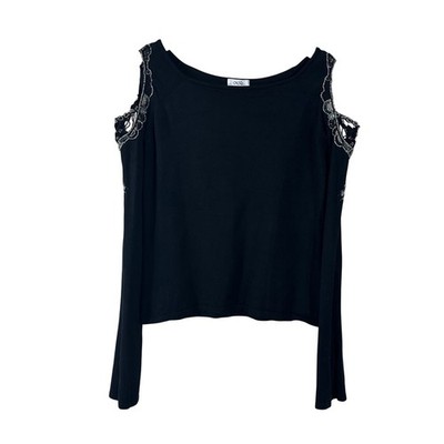 Cache Womens Silk Blend Cold Shoulder Beaded Knit Top Black Size M Y2K