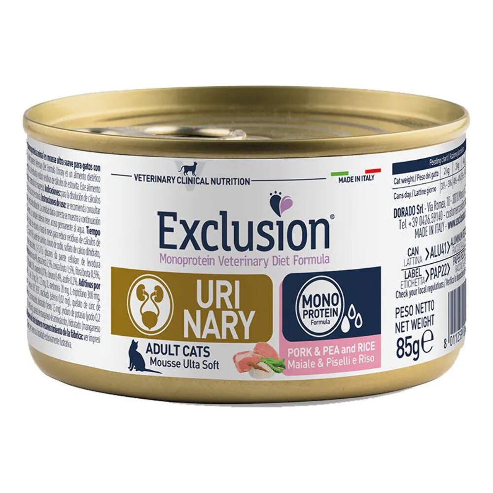 EXCLUSION URINARY GATTO ADULT 85 GR CON MAIALE PISELLI E RISO.
