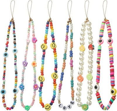 6PCS Beaded Phone Charms Strap Fruit Star Faux Pearl Rainbow Beads Lanyard