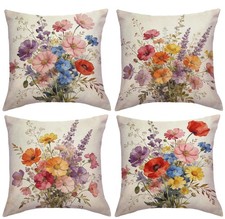 Flower Pillow Covers 18x18 Inch,Set of 4 Vintage Wildflower Floral Bouquet Cu...