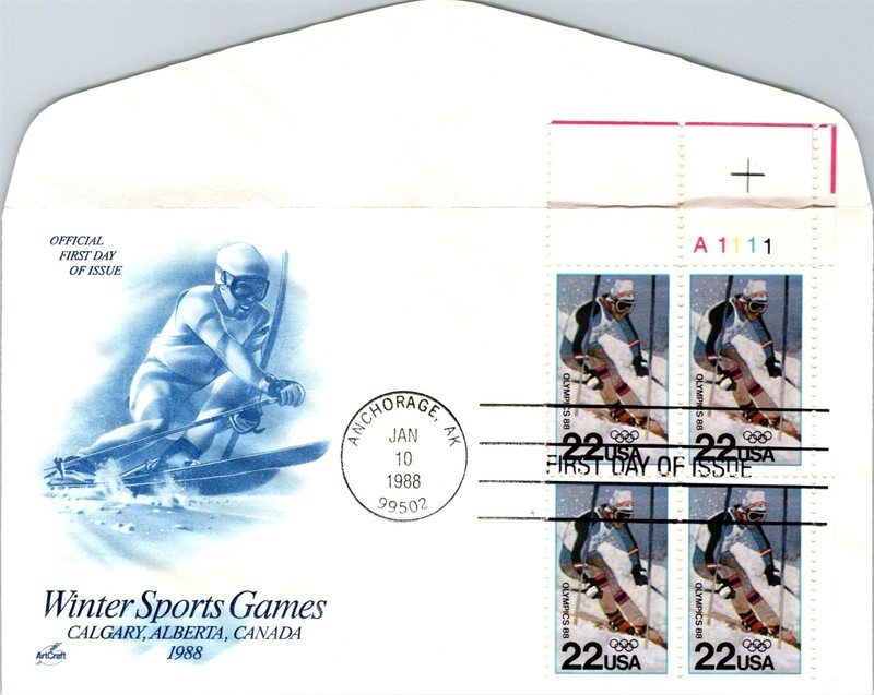 S09-6240, WINTER OLYMPICS 1988, PLATE NUMBER BLOCK, ARTCRAFT FDC