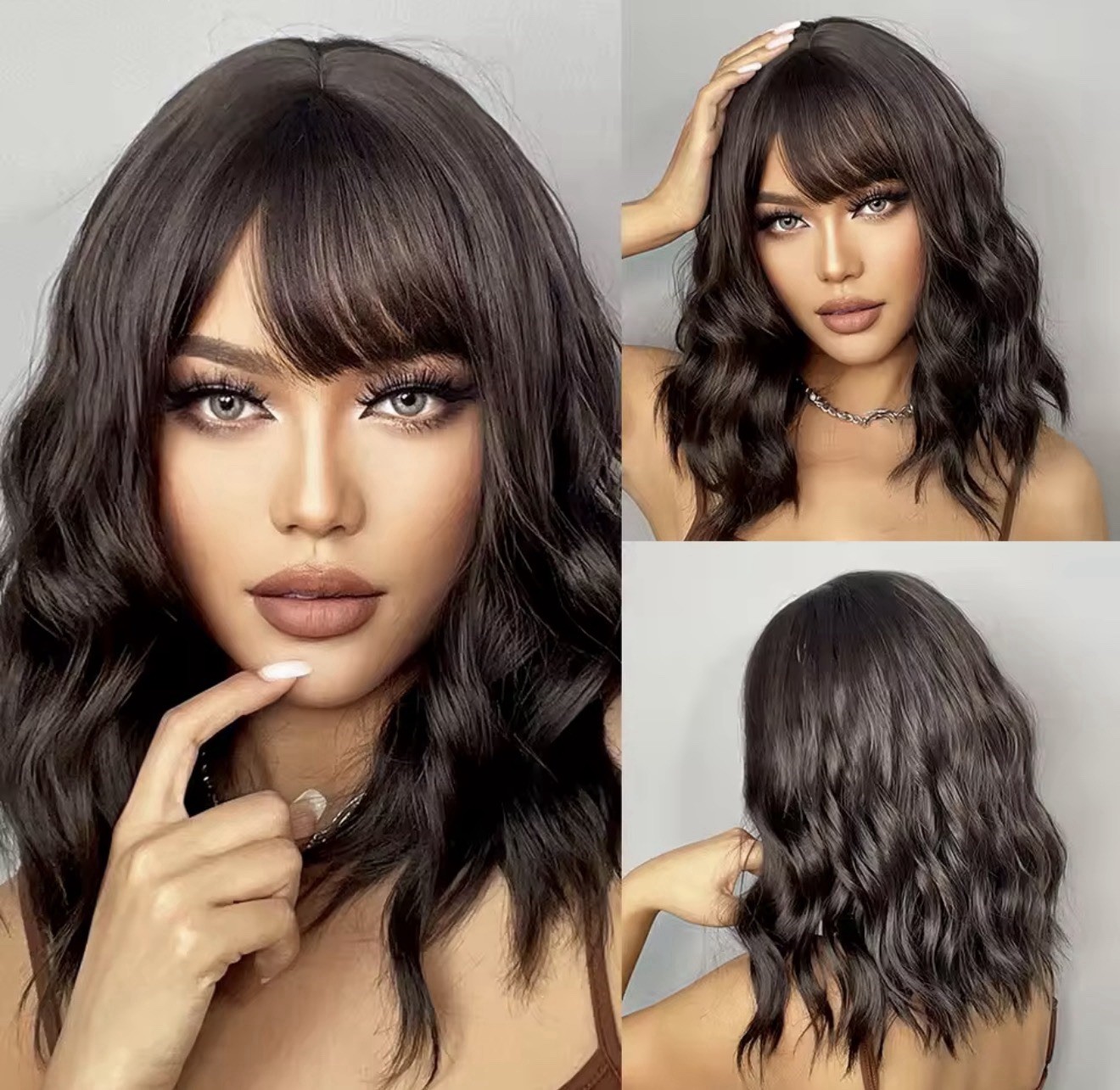 Perruque synthétique marron foncé wig courte cheveux bouclés frange 35cm femme