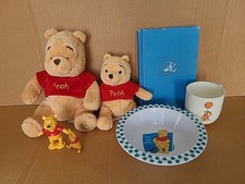 Winnie the Pooh: 2 Disney Store Plush/Pellet Stuffed Toys, Bowl, Pendant, Book 
