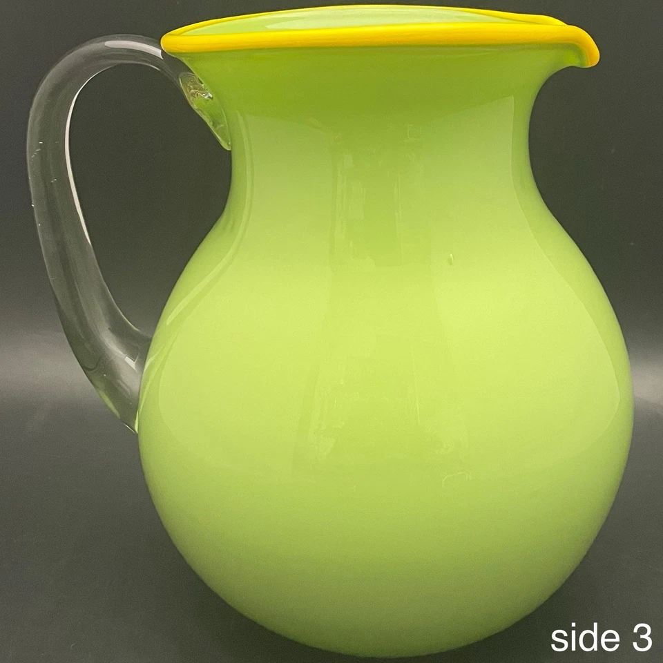Studio Art Hand Blown Glass Lime Green & Yellow Pitcher/Jug Made in USA 2 quart - Image 4 of 4