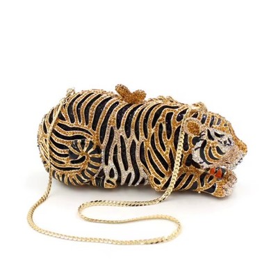 Ladies Tiger Rhinestone Handbag Hollow Out Crystal Evening Clutch Purse Diamond 