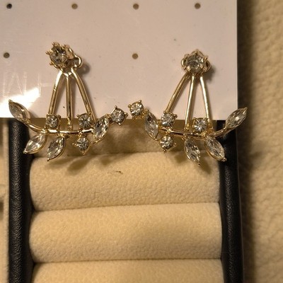 Silver Tone Clear Simulated Crystal Rhinestone Leaf Ear Jacket Stud Earrings