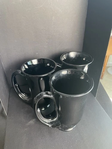 Set Of 3 Tiara By Indiana Black Glass Hunters Horn Coffee Mugs (heavy)