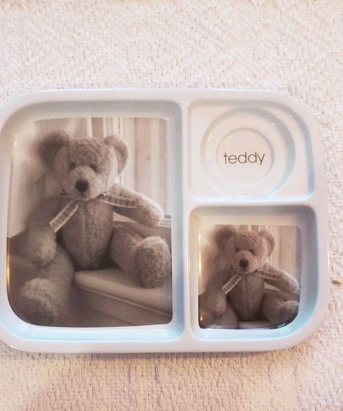 antique Teddy bear  3-Section Baby Feeding Plate, White/Gray Teddy Bear Print