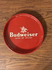 Budweiser Beer Serving Tray 1960s Vintage 13 in King of Beers Red Enamel Steel