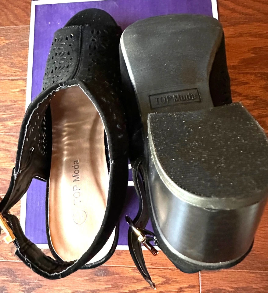 Top Moda Crab Tree black suede perforated peep toe sling back shoes size 5.5M - Image 4 of 4