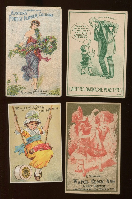 4 Vintage trade cards. Austen's Forest Flower Cologne, Carter's Backache, Stoehr