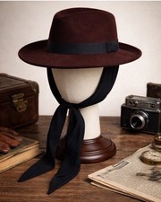 Vintage 1950s Dobbs Fur Felt Fedora Brown Hat w/ Black Chin Ties Bollman NWT