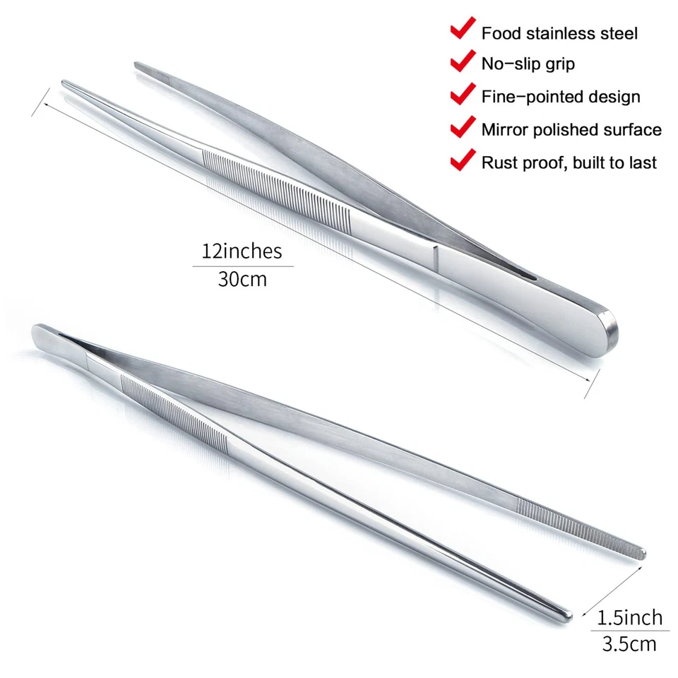 Pinzas extra largas de 12 pulgadas, pinzas de cocina de precisión, plateadas Foto 2 de 4