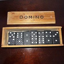 Vintage Wooden Domino Set   Complete 28 Pcs Black Dragon Tiles in Wood Box