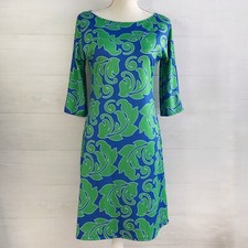 Before + Again - Dolce - Blue & green leaf print stretch dress, S