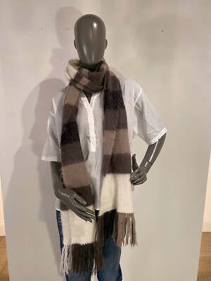 BRUNELLO CUCINELLI Strick Schal Fransen, oliv, beige, grau, wollweiss, NEU