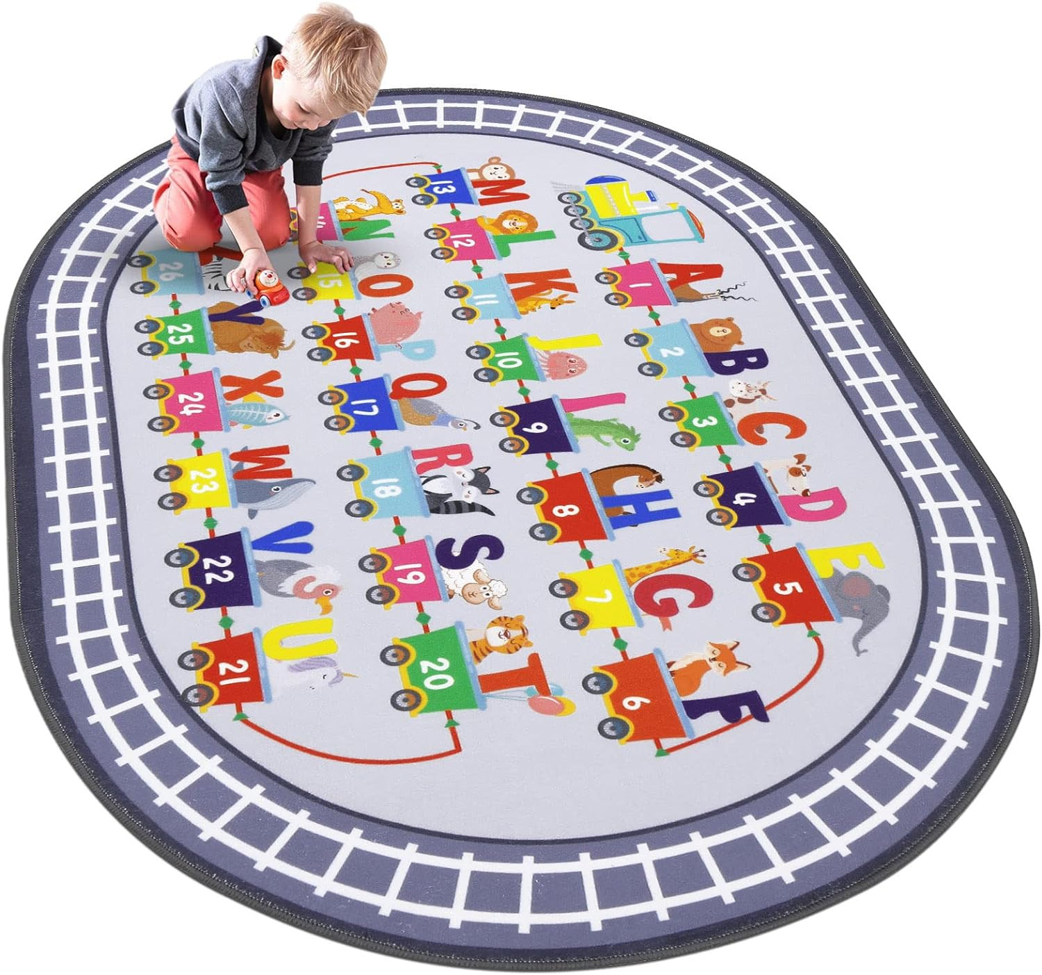 Kids Rug Carpet Oval ABC Alphabet Numbers Train Road Educational Classroom Rug