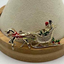 Vintage Gerry's Gold Tone Christmas Sleigh and Horse Brooch