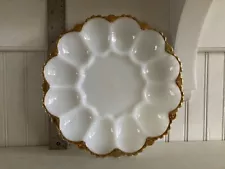 Vintage Milk Glass Deviled Egg Server Plate Gold Trim 10" Anchor Hocking 896