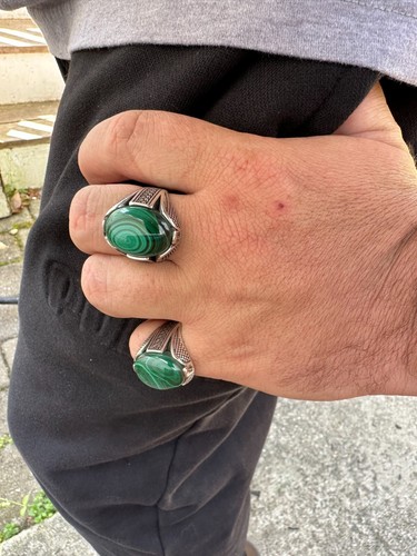 Large Green Malachite Gemstone Mens Real Solid 925 Sterling Silver Signet Ring - Picture 3 of 23