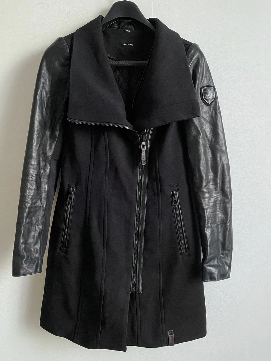 RUDSAK RANITA LEATHER SLEEVES BLACK LONG COAT SIZE XS eBay