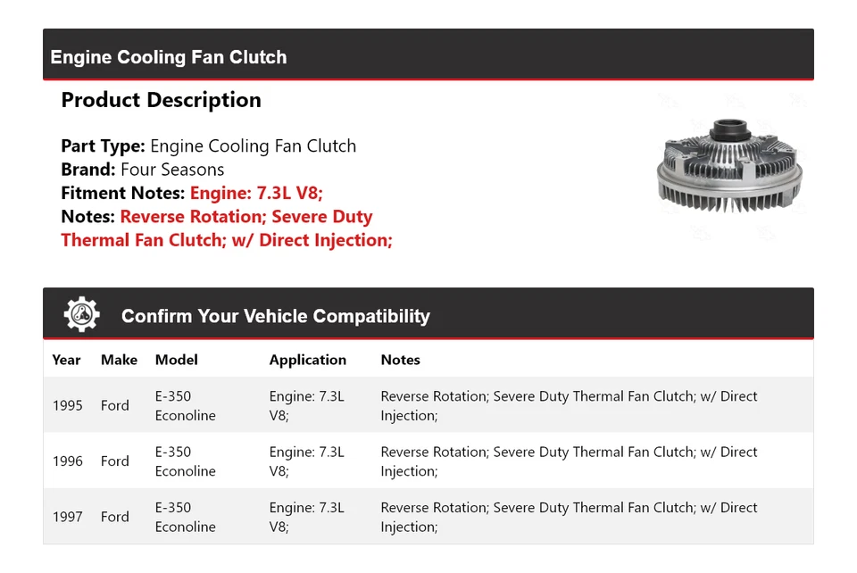 Para 1995-1997 Ford E-350 Econoline 7.3L V8 motor ventilador de refrigeração embreagem 4 estações - Imagem 2 de 4