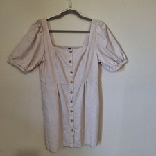 Old Navy Beige Linen Blend Dress Sz Large Puff Sleeve Smocked Back Button Front
