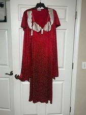 Rare VTG sz Med Red Nylon Peignoir Robe Nightgown Negligee Silky Set, Polka Dot