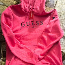 GUESS Los Angeles Women  s Pink Pullover Fleece Logo Hoodie w/ Pockets Size XL
