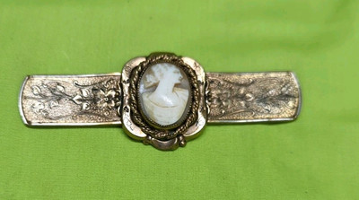 Antique Early CORO Carved Cameo Ornate Etched Bar Brooch Gold Tone