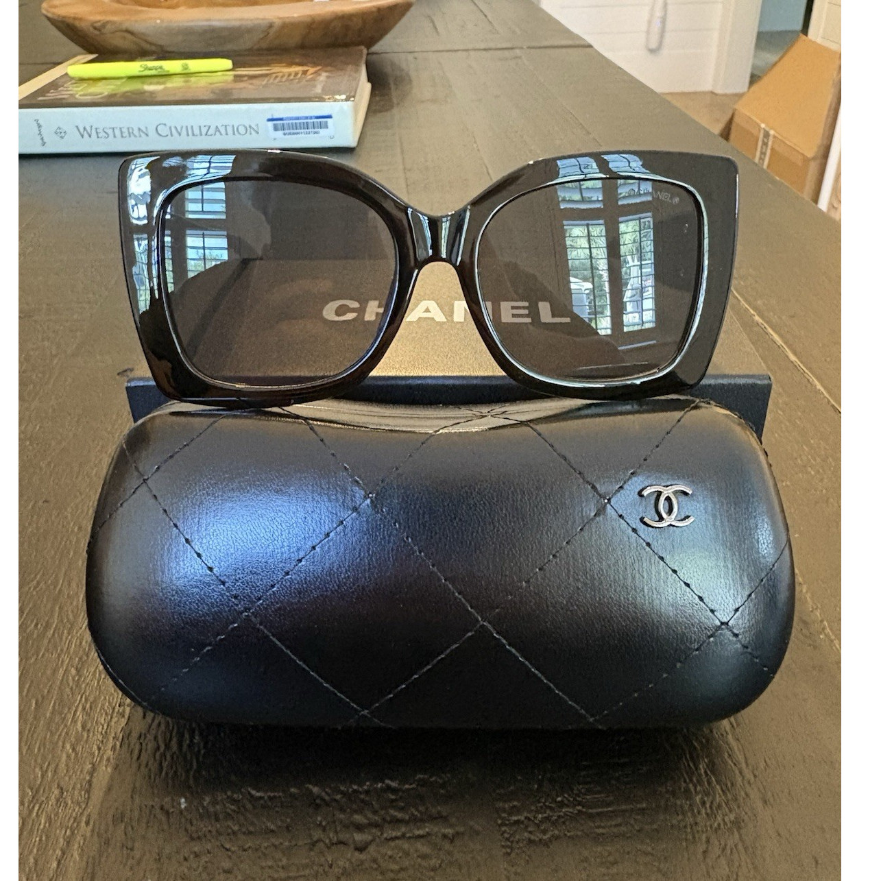 CHANEL Women's Black Square Sunglasses Gray Lens with Case & Authenticity Card