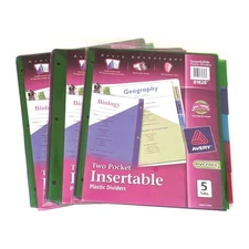 3 sets Avery 81828 big tab 2 pocket insertable plastic dividers 5 tab multicolor