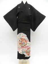 Japanese Vintage Kimono Black-Tomesode Silk Five Crest Classical Pattern eb-1304
