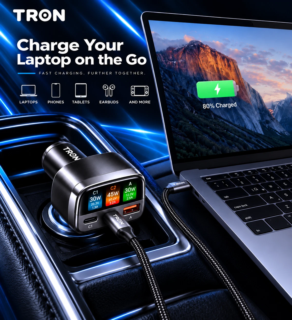 TRON 105W 3-Port Car Charger with Smart TFT Display, USB-C & USB-A Fast Charging - product detail image 8