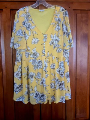 Siren Lily Women's Short  Sleeve Blouse Yellow Floral Print Button Size 2X New