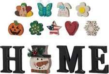 Glitzhome Wooden Interchangeable Home Sign with 13 Seasonal Icons Decor