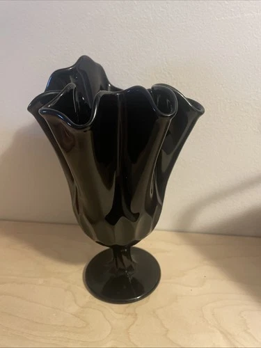 Fenton Art Glass Vintage Black Handkerchief Thumbprint Vase Ruffled Rim Pedestal