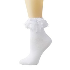 Lace Ruffle Socks for Women, Frilly Ankle Socks with Bow 5-9 White-1 Pairs