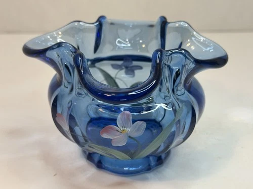 Fenton  Blue Ruffled Lip Rose Bowl Vase Hand Painted Artist Signed