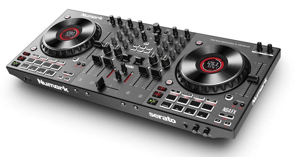 Numark NS4FX DJ Deluxe Set mit Studio Monitoren, Stativen, Kopfhörer & Kabel - Bild 2 von 4