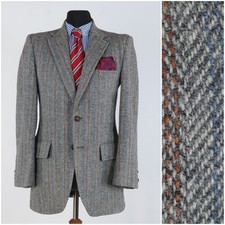 Herren Gestreiftes HARRIS TWEED Sakko 38R UK Größe Grau Wolle Sport Mantel Blazer
