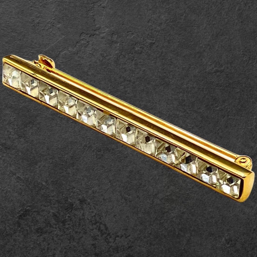 GIVENCHY Vintage Gold Bar Brooch Clear Rhinestone 5cm Signed Designer Jewelry